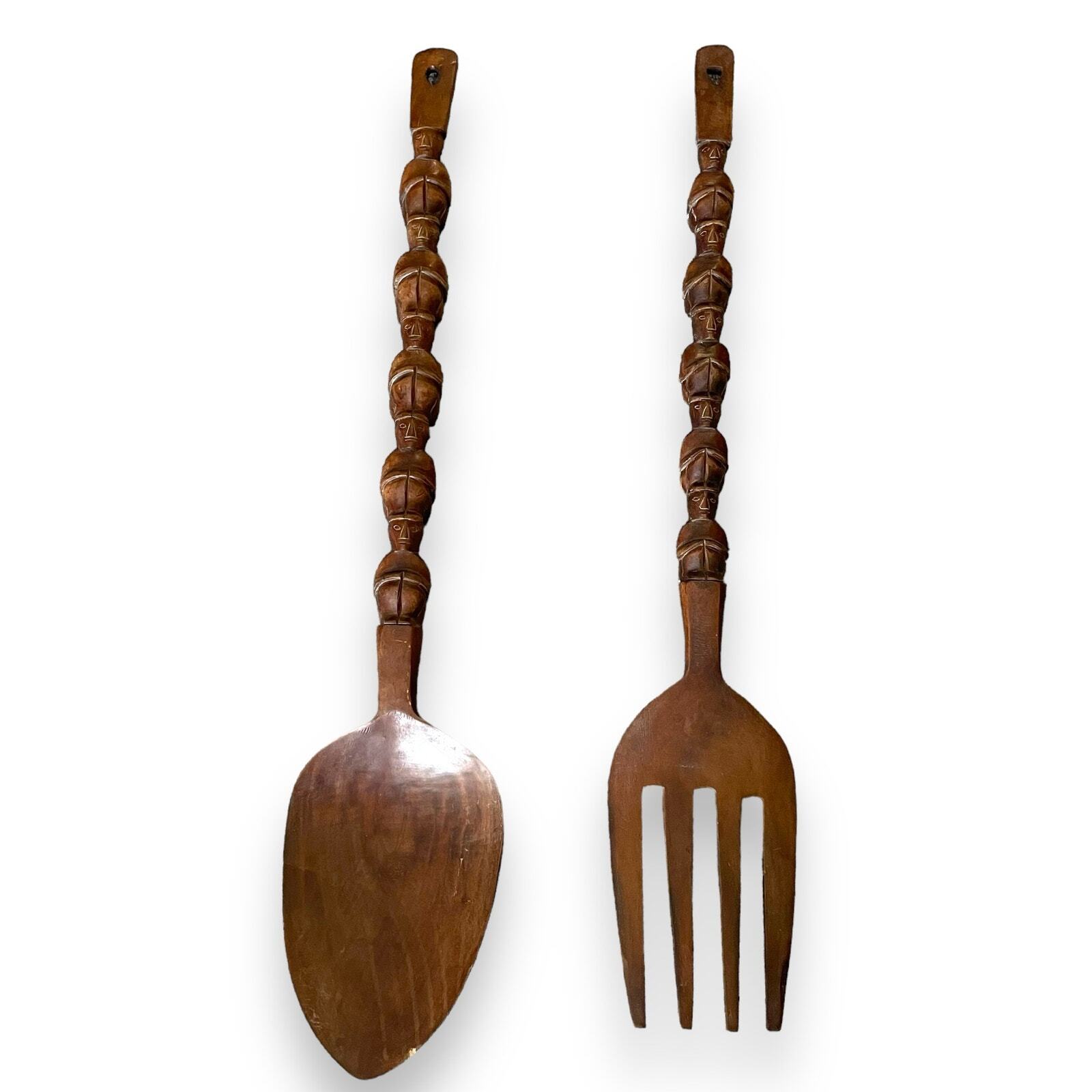 Mid 20th Century Hand Carved Tall Solid Wood Hanging Fork and Spoon Set 2 Pieces