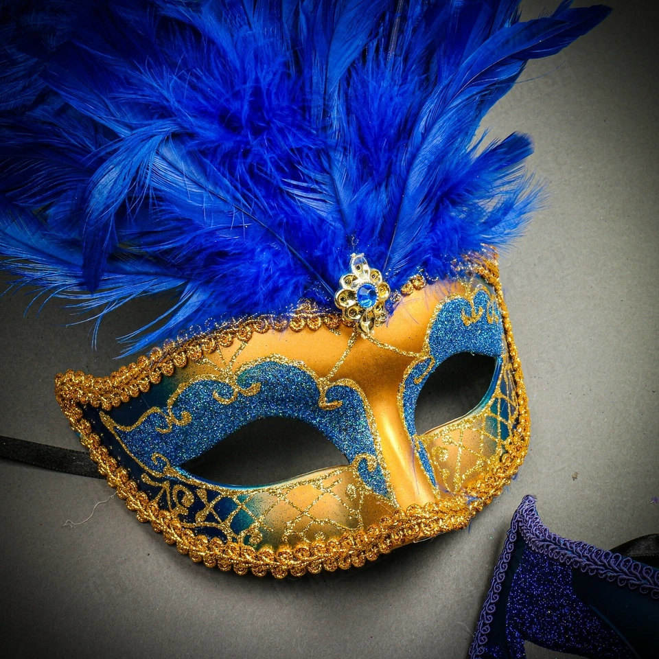Mascarada Veneciana Pareja Hombres y Mujeres Máscaras de Plumas para Disfraz de Fiesta - Azul Foto 2 de 3