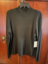 NWT H Halston Black 100% Fine Merino Wool Ribbed Mock Neck Sweater XL