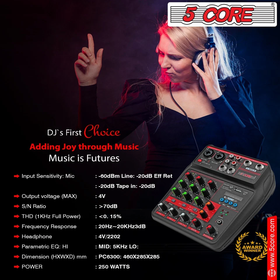 5Core Audio Mixer 4 Channel DJ Soundboard USB Interface Bluetooth XLR Console - Image 4 of 4