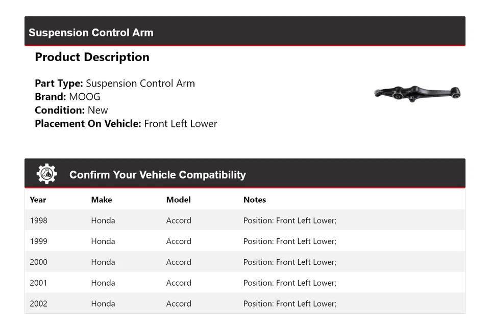 Brazo de control de suspensión delantero izquierdo inferior MOOG 1998-2002 HONDA ACCORD 1998 Foto 2 de 4