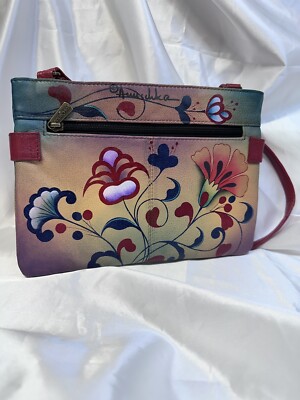Anuschka Hand Painted Leather Purse Hand Bag Peacocks Flowers Multicolored  EUC