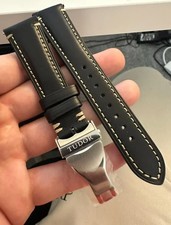 Correa negra de cuero premium de 22 mm para relojes Tudor, con cierre de despliegue