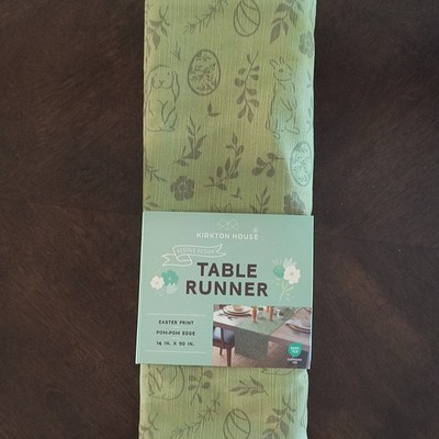 Kirkton House Easter Print Green Cotton Table Runner Pom-Pom Edge 14 x 90 in