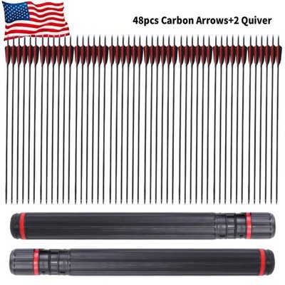 48pcs Archery 30'' Carbon Arrows Turkey Feather Compound Recurve Bow Shot Quiver