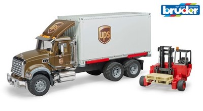 Bruder 02828 MACK Granite UPS Logistikwagen mit Gabelstapler Maßstab 1:16 Spielzeug