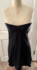 Victoria's Secret 100 Silk Slip Dress Or Nightie Black W/ Beige Lace Trim Sz L
