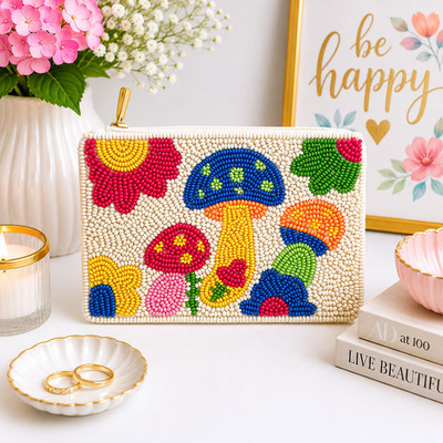 Handmade Seed Beaded Mushroom Coin Purse | Whimsical Cottagecore Zip Pouch