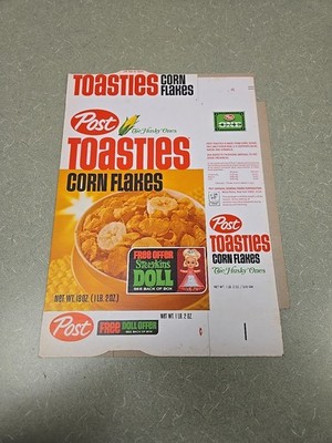 Post Toasties Corn Flakes Cereal box, Storykins Dolls offer, Unused Factory Flat