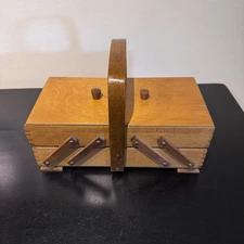 Vintage Cantilever Fold Out Sewing Box Wood Storage Box Craft Box