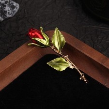 Rose Brooch Enamel Red Flower Green Leaves Romantic - Elegant Pin Decoration