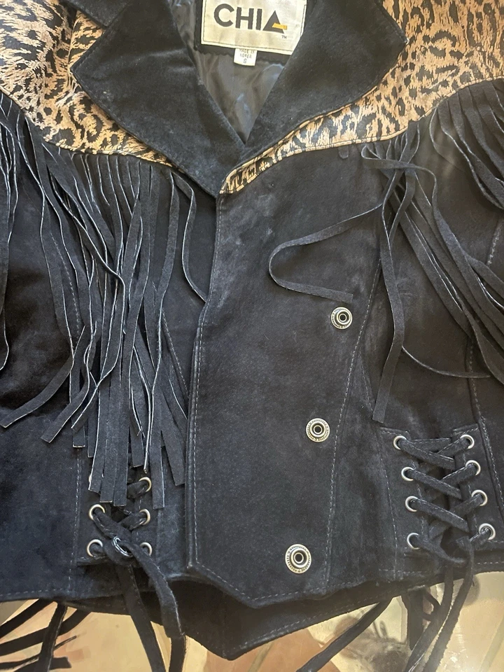 Винтажная замшевая 90-х бахрома леопард куртка РЕДКАЯ укороченный размер маленький черный - Изображение 2 из 4