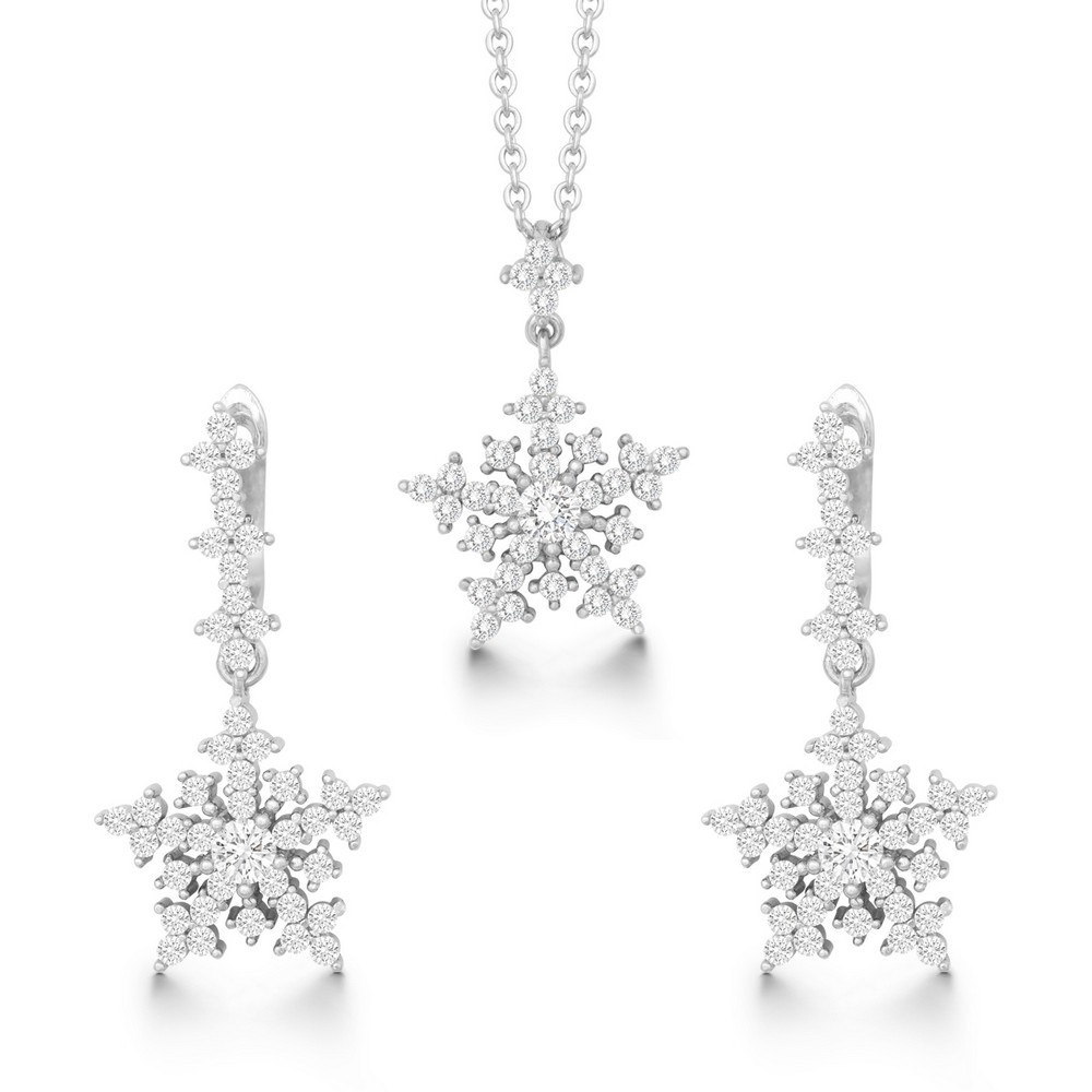 Classic Womens Necklace and Earrings Set Sterling Silver White CZ Snowflake 27790₽