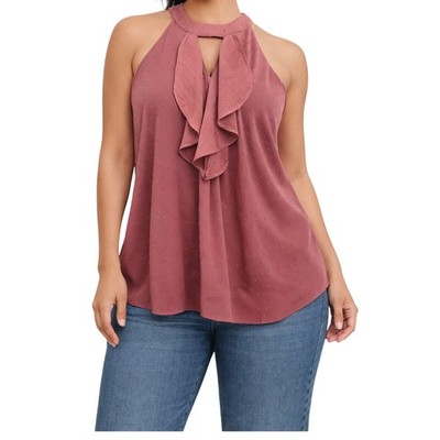 BCX Womens Swiss Dot Ruffle Halter Top Mauve Pink Keyhole Blouse XL