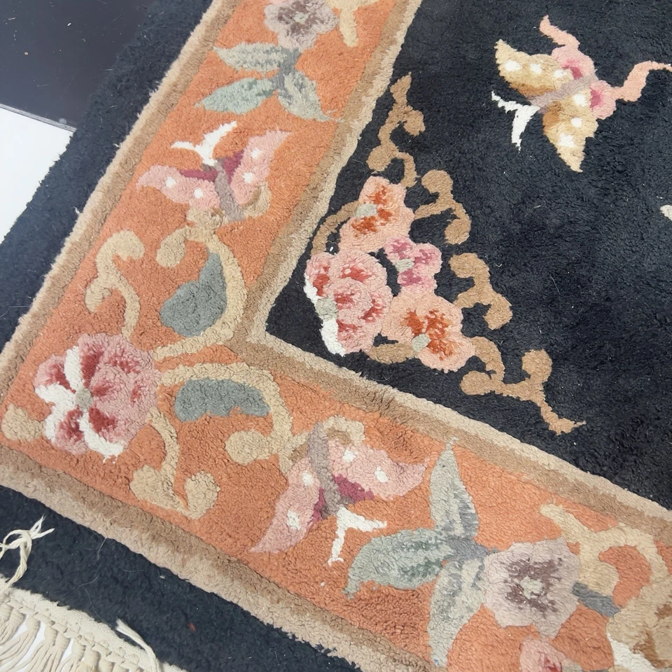 Vintage Art Deco Reproduction Chinese Wool Rug Floral Butterflies Black - Image 3 of 4