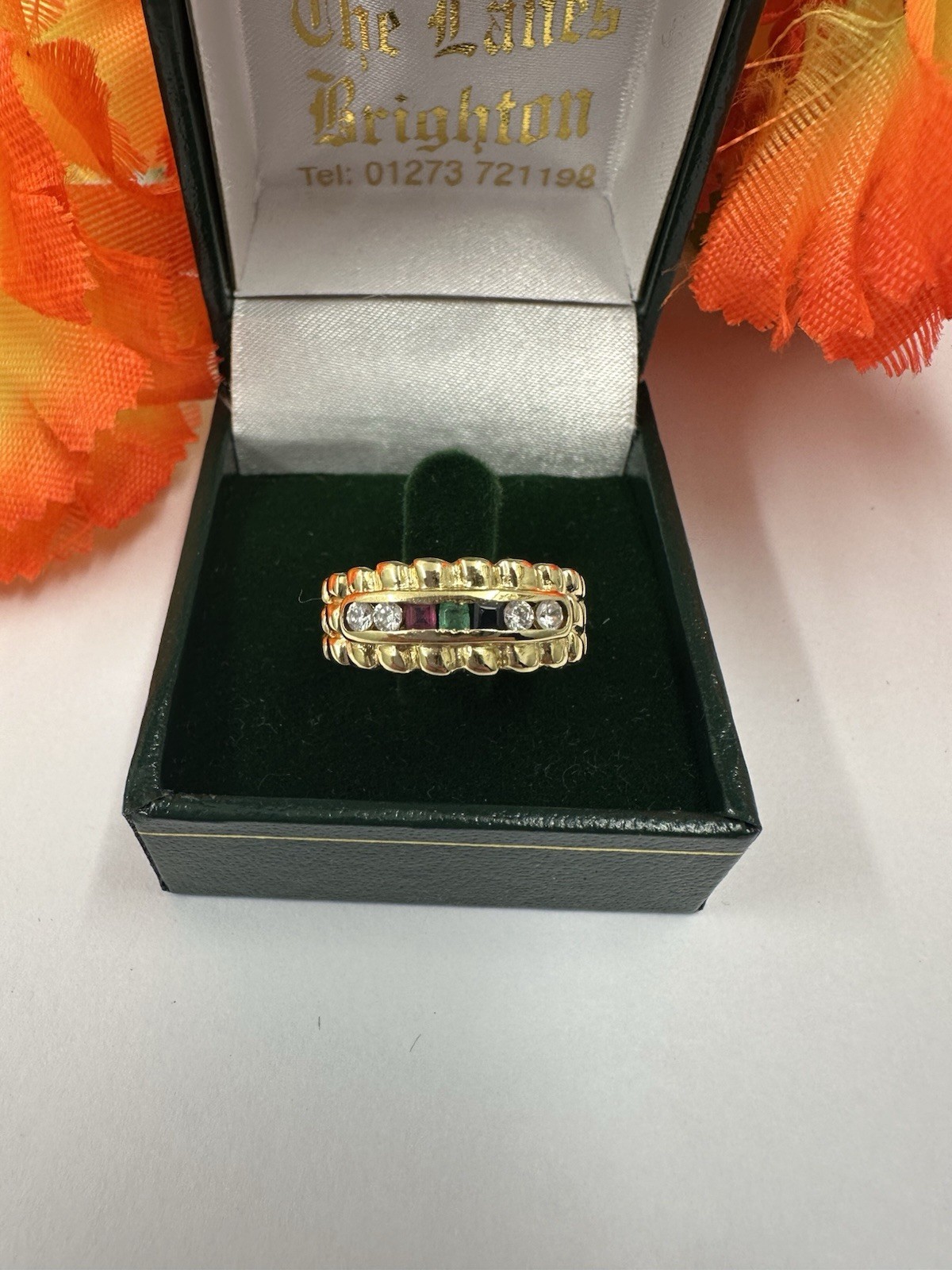 Pretty Sapphire/emerald/ruby/cz 18ct Gold Ring