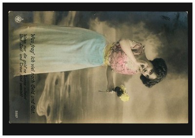 Fashion postcard woman with red blouse, blue skirt, white roses, M. Gladbach 25.11.1913
