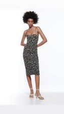 Zara Slip Dress Size Small Black Beige Floral Midi Adjustable Spaghetti Straps
