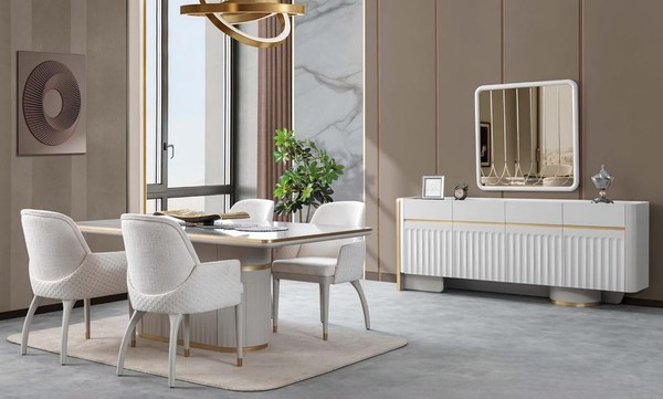Esszimmer Set Esstisch 4X StüHle Sideboard Mit Spiegel Holz Essgruppe Garnitur-image