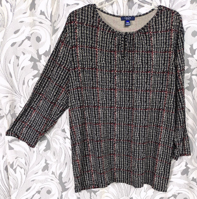 2X  CHAPS HOUNDSTOOTH PLAID SLINKY STRETCH KNIT 3/4 SLEEVE KEYHOLE TOP NEW