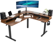 VIVO 2-Tier Electric 63" x 55" Corner Desk, Dark Walnut Table Top, Black Frame