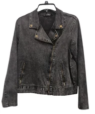 Doe & Rae Womens Moto Jacket Small Black Denim Zip Up Streetwear Grunge