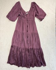 Millibon Dress Womens M Purple Maxi Empire Ruffle Trapeze Puff Sleeve Prairie