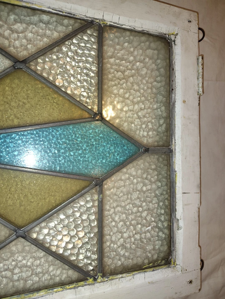 Geometric OLD ENGLISH LEADED STAINED GLASS TRANSOM VENT WINDOW 18" X 18 1/4" - Image 2 of 4