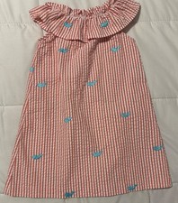 Kelly  s Kids Seersucker Whale Striped Dress Girls EUC Size 4/5