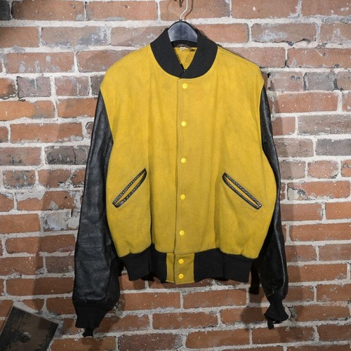 Vtg Butwin Varsity Letterman Jacket 50s Yellow Wool Black Leather Made USA 48 XL