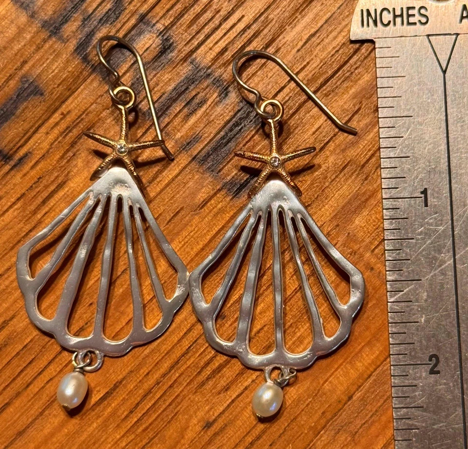 PENDIENTES COLGANTES DE PERLAS ESTRELLA DE MAR CONCHA DE PLATA BRILLANTE Foto 2 de 4