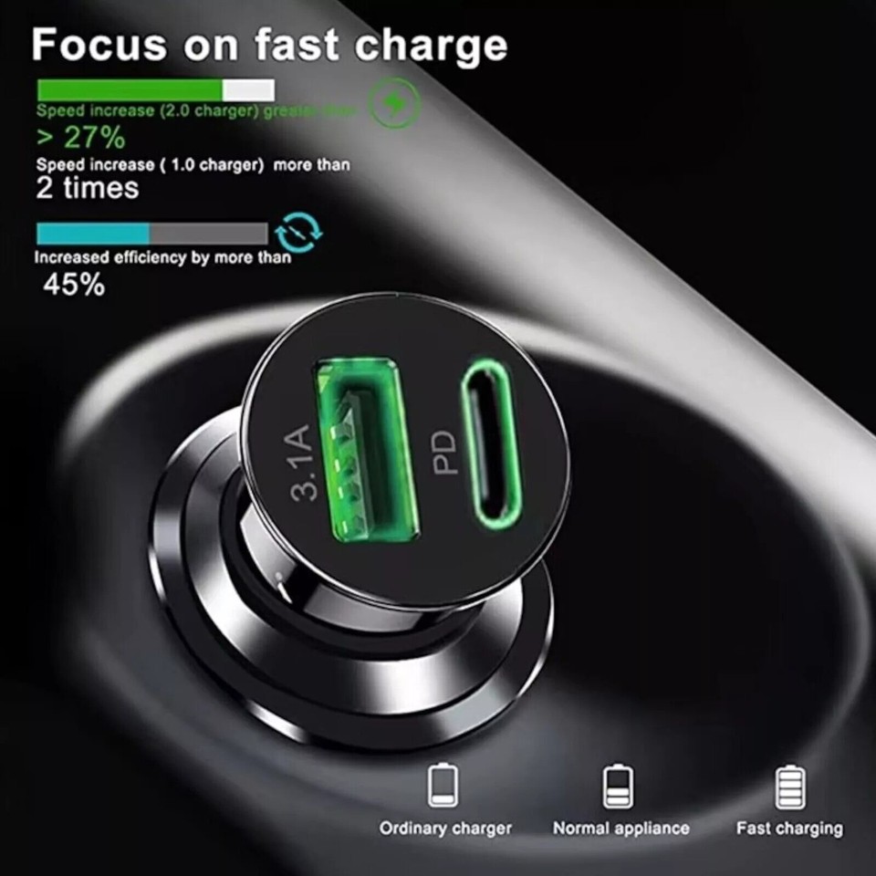 36WDual Port Fast Car Charger Mini USB TypeC PD Phone Socket For
