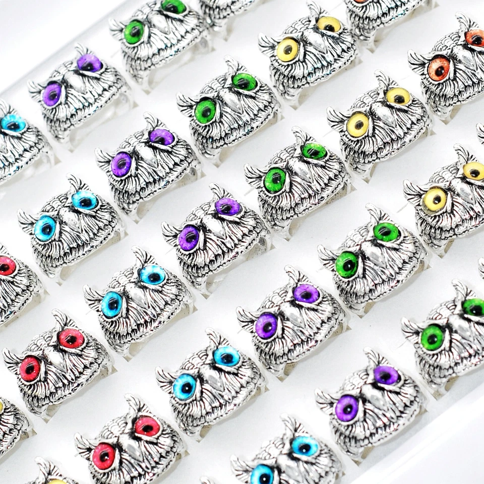 Lote a granel 30 coloridos ojos búho anillos abiertos vintage mujeres hombres dijes de plata antiguos Foto 3 de 4