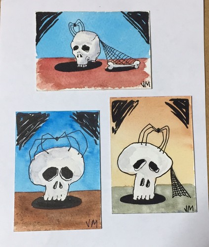 Set Of Three  Art Card Original Watercolor And Ink  Aceo "spider & Skull" Serie