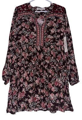 NWT Haley London Long Sleeve Tiered Mini Dress Sz S Brown Floral Boho Hippie 