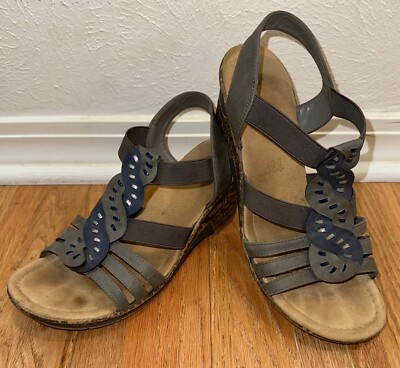 Rieker Wedge Sandals Womens 42 Strappy Gray Blue Leather Open Toe Casual