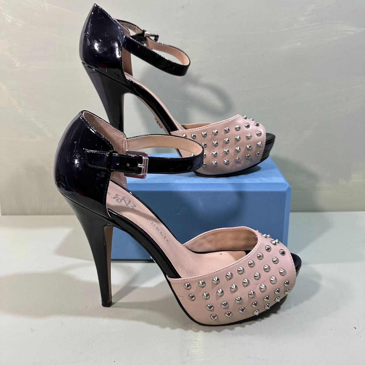 Rock Republic Beige Black Ankle Strap Studded Spike Heels