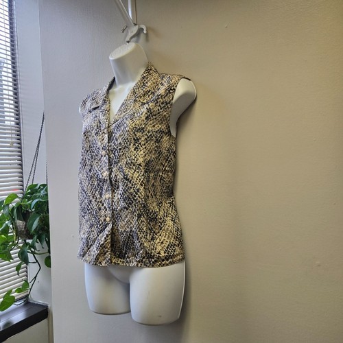 Vintage Womens Sleeveless Button-Up Blouse L 100% Silk Snakeskin Print Beige & B - Picture 5 of 11