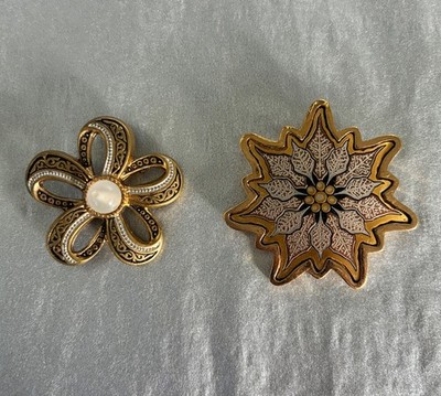 Vintage 1960s Damascene Duo Brooch Pendant Arabesque Floral Reed & Barton 24K GP