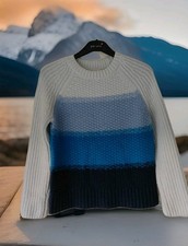 Per Una M&S Blue Colour block chunky Knit Aran Jumper S fishermans wool mix