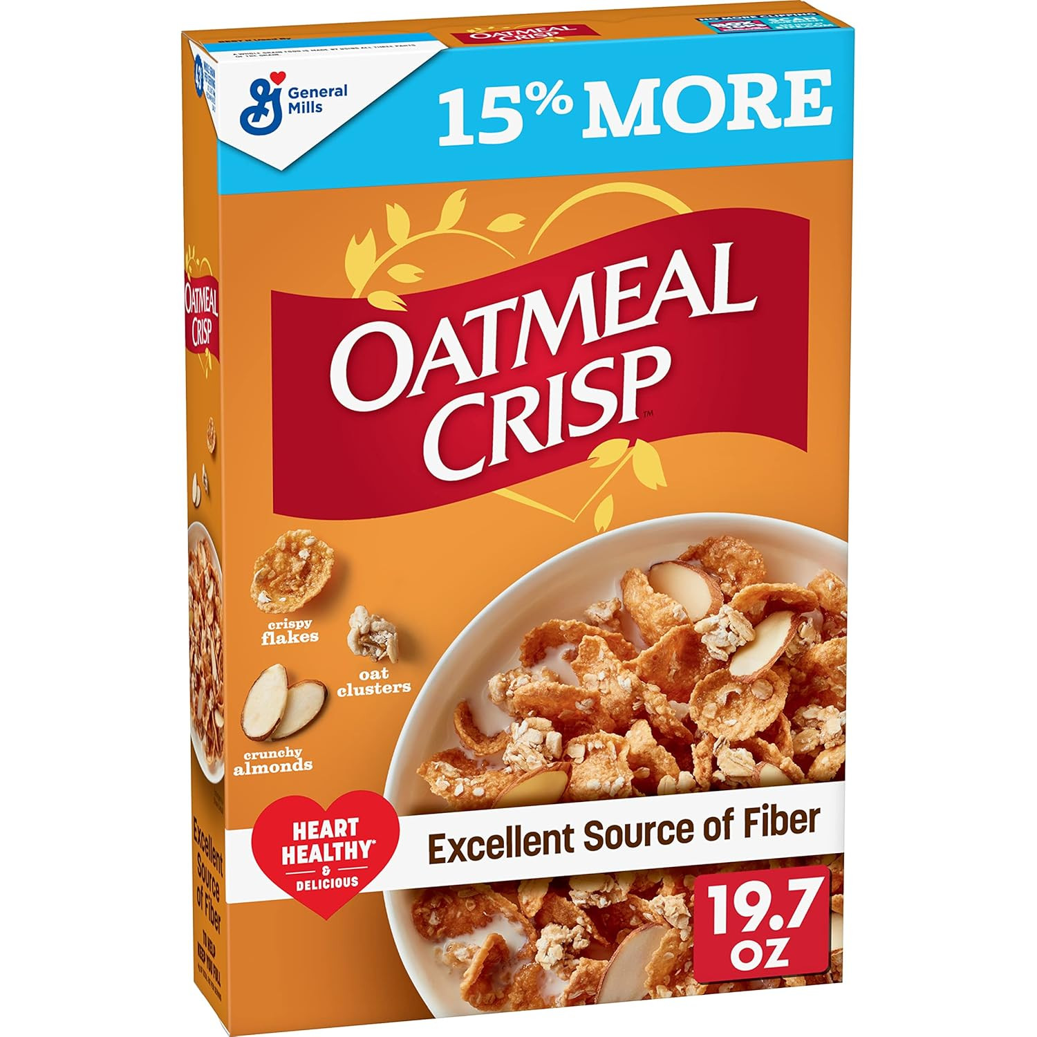 Oatmeal Crisp Heart Healthy Cereal, High Fiber Cereal Made with Whole Grain, 19.