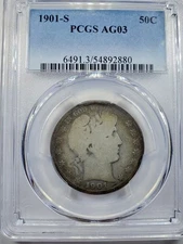 1901 S BARBER HALF DOLLAR PCGS AG-3 - BETTER DATE - BARBER HALF - CERTIFIED -50C
