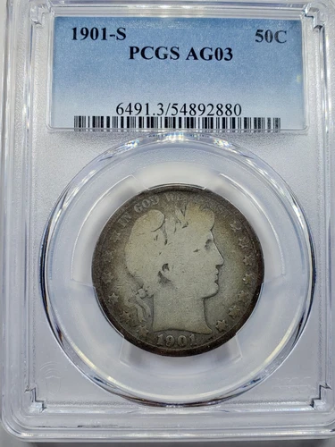 1901 S BARBER HALF DOLLAR PCGS AG-3 - BETTER DATE - BARBER HALF - CERTIFIED -50C