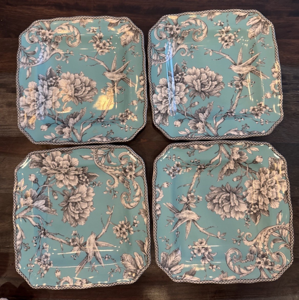 222 Fifth Square Salad Plates Adelaide Turquoise Bird And Flowers Set  Of