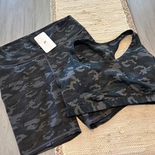 Fabletics Gray Green Camo Sport Bra High Waist Compression Shorts Set Sz 1X