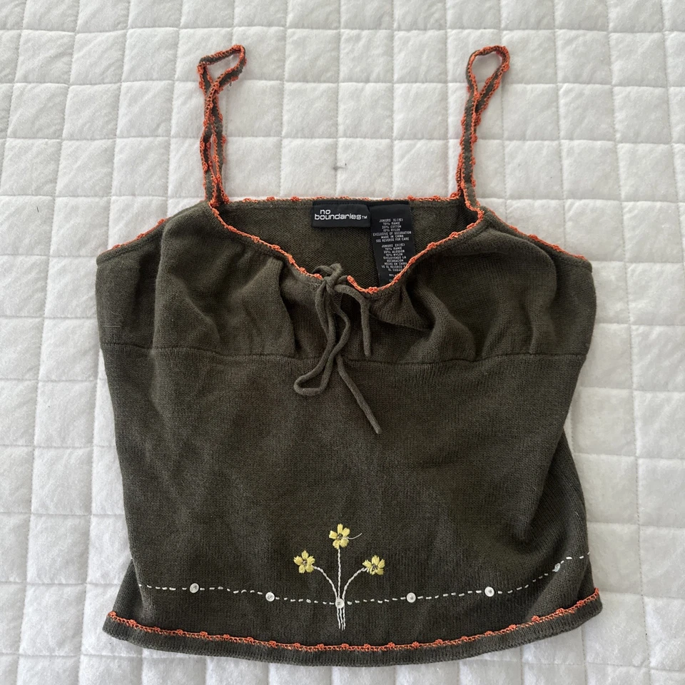 Vintage NO BOUNDARIES Tank Top Juniors XL Green Knit Babydoll Retro Y2K Grunge - Image 3 of 4