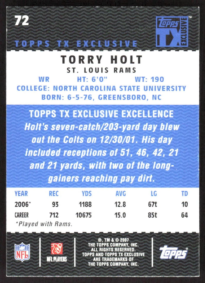 8122F 2007 Topps TX Exclusive #72 Torry Holt - Image 2 of 2