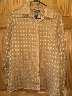 Vtg Notations Blouse Gold Sheer Metallic Square Pattern Elegant Button LS