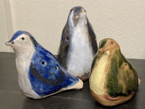 Folk Art 3 Clay Birds Green Blue Grey Glaze Ocarina Wind Instrument Flute Signed