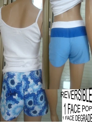 SHORT D'ETE REVERSIBLE BLANC BLEU FLEURI HAWAIEN + T SHIRT BLANC T S 36 NEUF - Photo 1/4